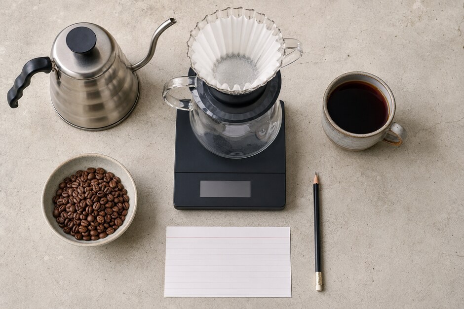 A dripper and server on a scale with measured beans, kettle, cup, and blank recipe card.