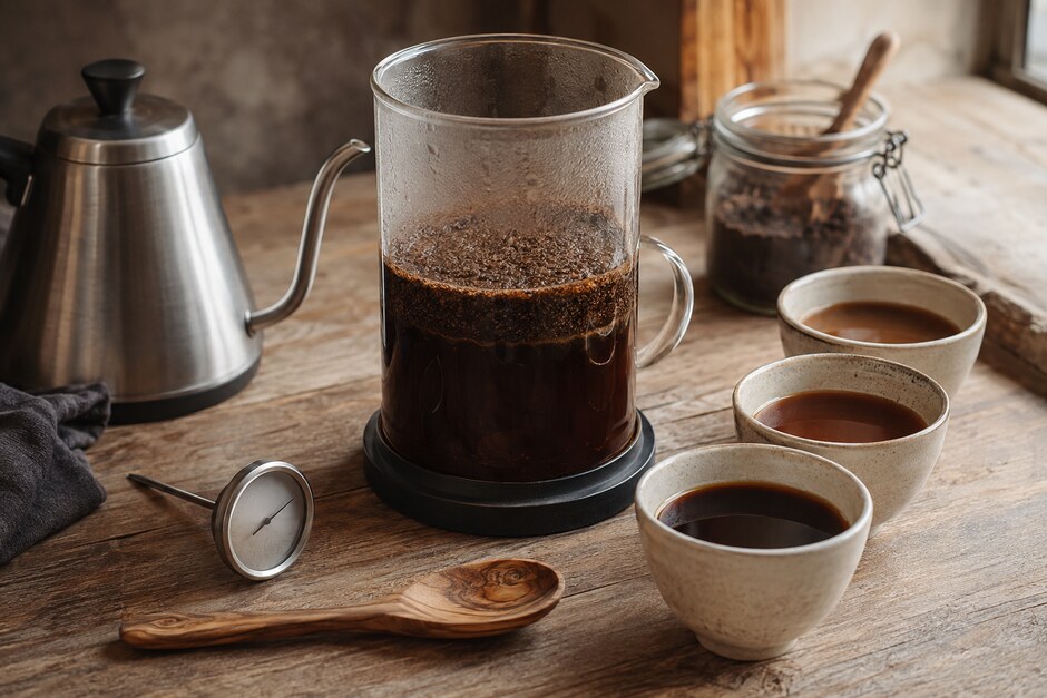 An immersion brewer, kettle, thermometer, spoon, and three cups used to compare heat, time, and agitation.