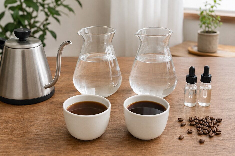 Two clear water carafes and two brewed coffees arranged for a controlled side-by-side water test.