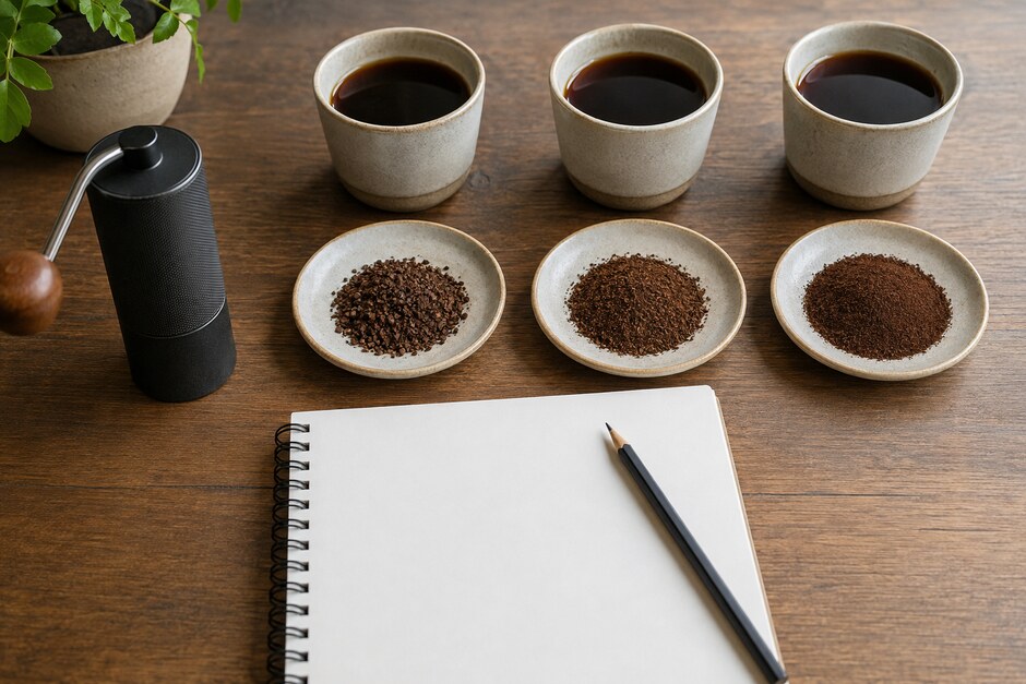 Coarse, medium, and fine coffee grounds beside matching cups, a hand grinder, and a blank notebook.