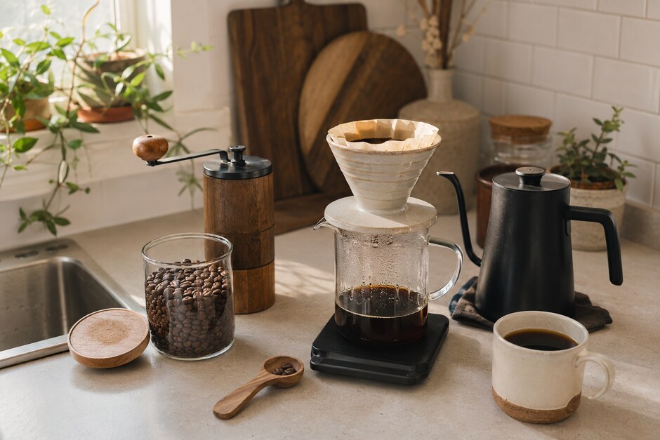 A practical home coffee station with a grinder, kettle, dripper, glass server, scale, beans, and a finished cup.
